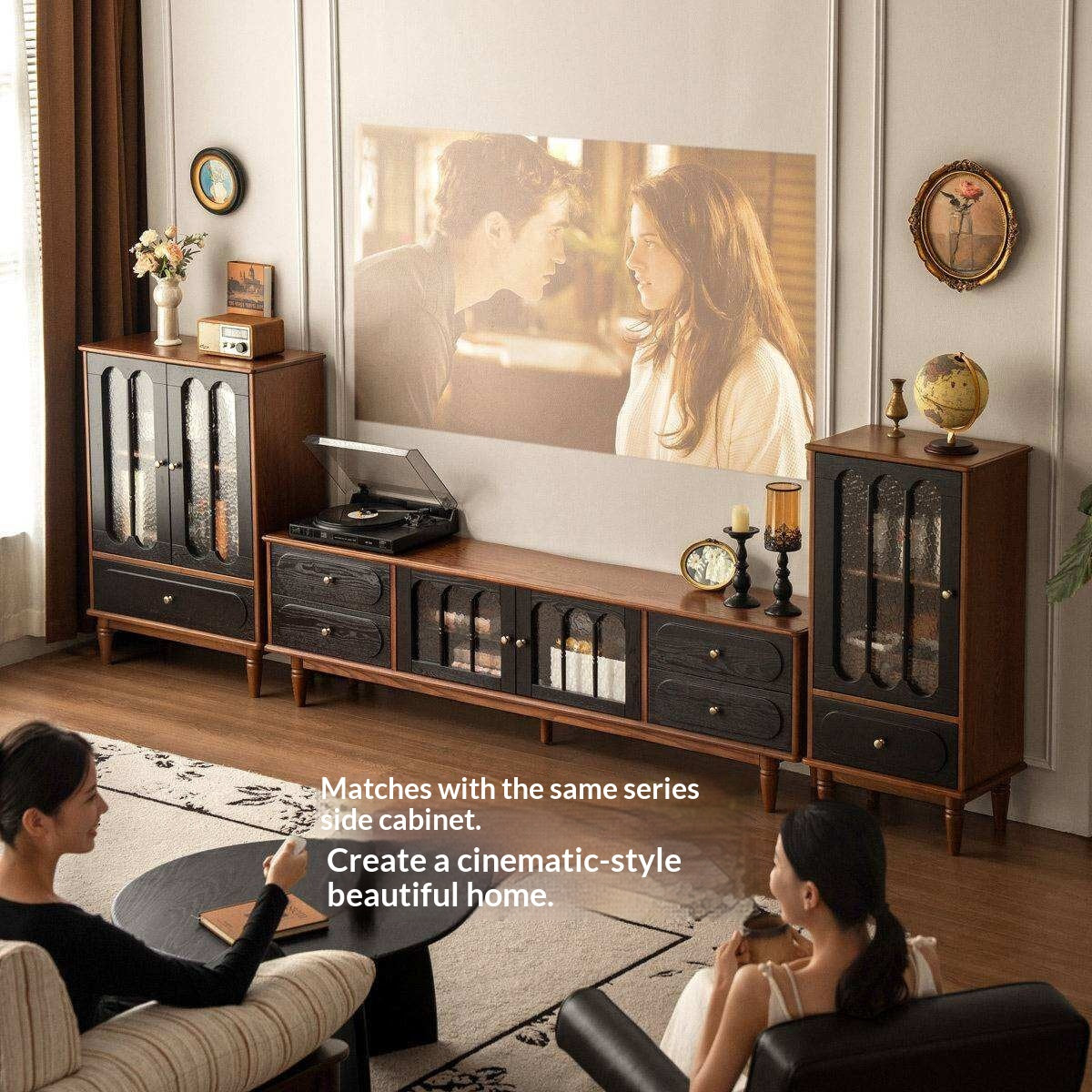 Black Walnut, Ash Solid Wood TV Cabinet with Integrated Storage, Vintage Style Floor Cabinet