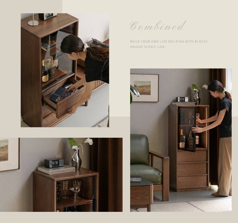 Black Walnut, Ash Solid Wood Side Cabinet With Light Display.