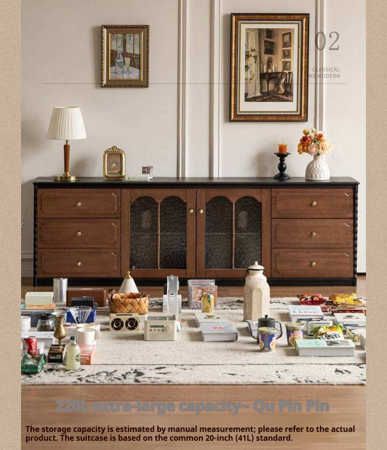 Ash Solid Wood TV Stand with Glass Doors and Drawers, French Style Media Console for Living Room