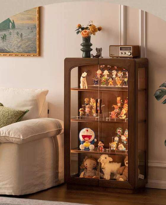 Black Walnut Solid Wood Side Cabinet with LED Lighting and Glass Panels