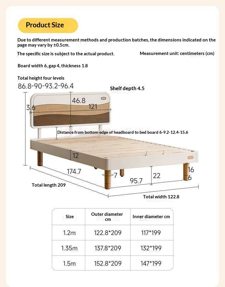 Rubberwood Solid Wood Kids Montessori Platform Bed with Adjustable Headboard, Warm White