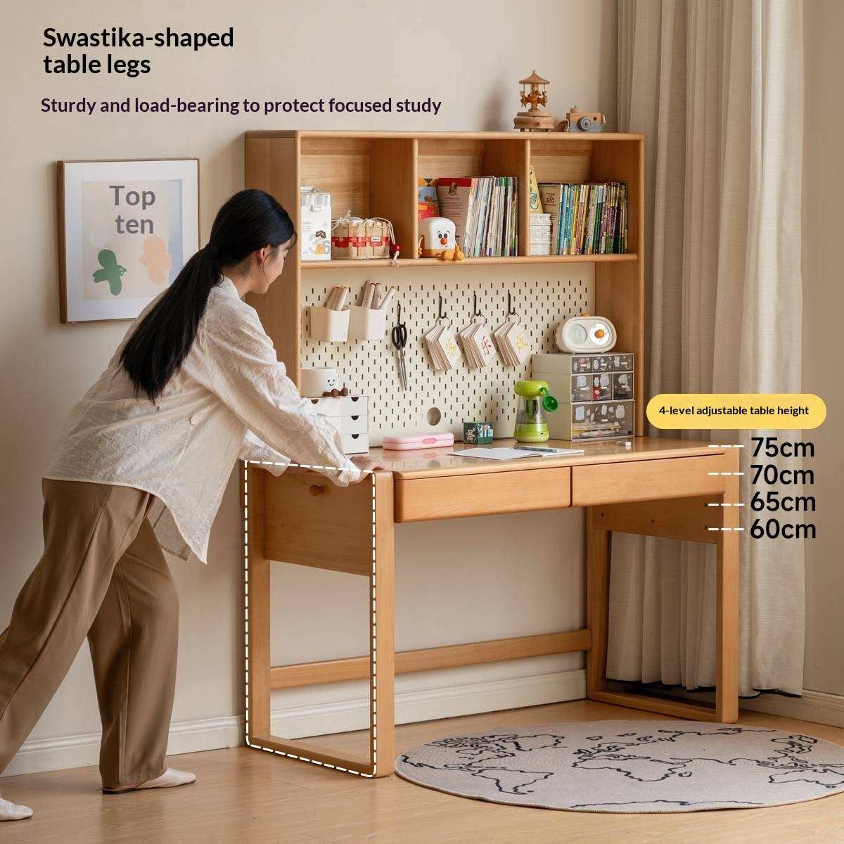 Beech Solid Wood Adjustable Height Children's Study Desk With Integrated Bookshelf