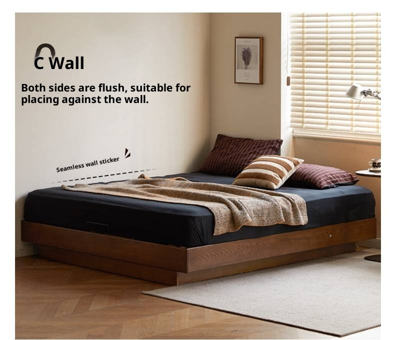 Oak Solid Wood Floating Platform Box Bed, Headboard-Free Bed with Light Modern Minimalist