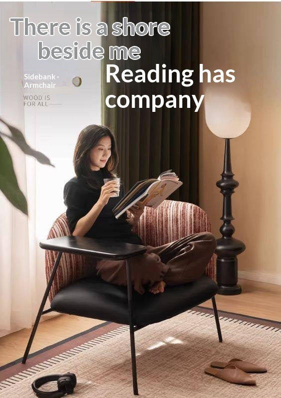 Modern Lounge Chair with Integrated Side Table, Upholstered Wraparound Accent Chair with Metal Frame