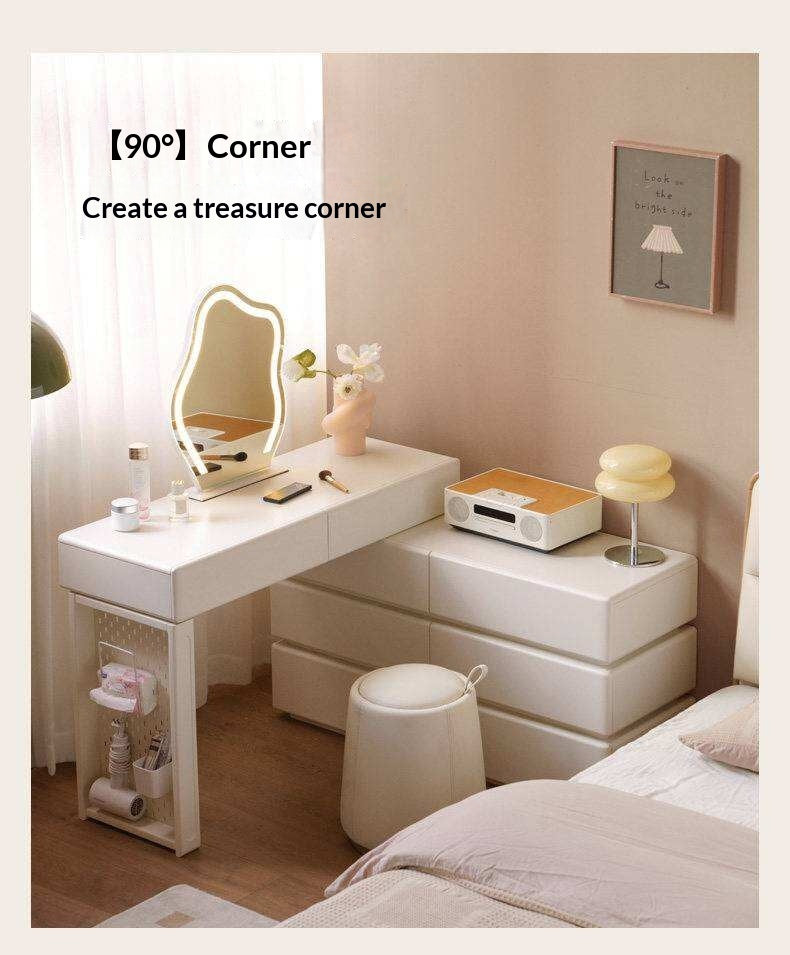 Solid Rubberwood Telescopic Vanity Table with Single-Layer Storage in White Cream