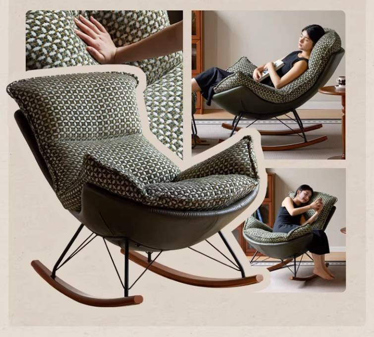 Egg Shell Rocking Lounge Chair with Upholstered Cocoon Seat and Metal Frame With Beech Legs