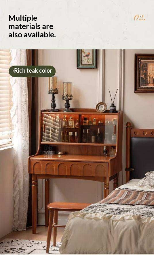 Cherry Solid Wood French Retro Vanity Table with Light