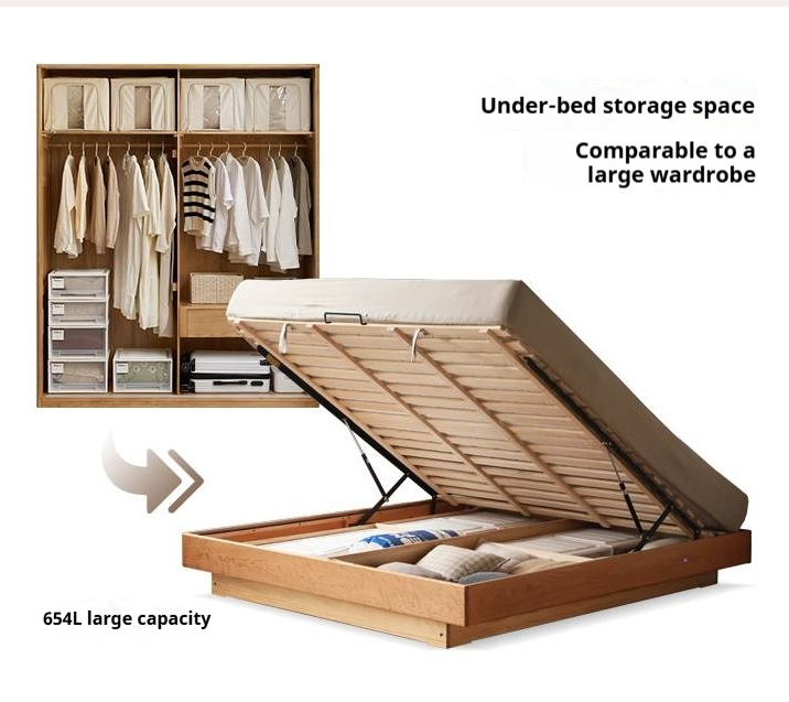 Cherry Solid Wood Floating Platform Box Bed, Headboard-Free Bed