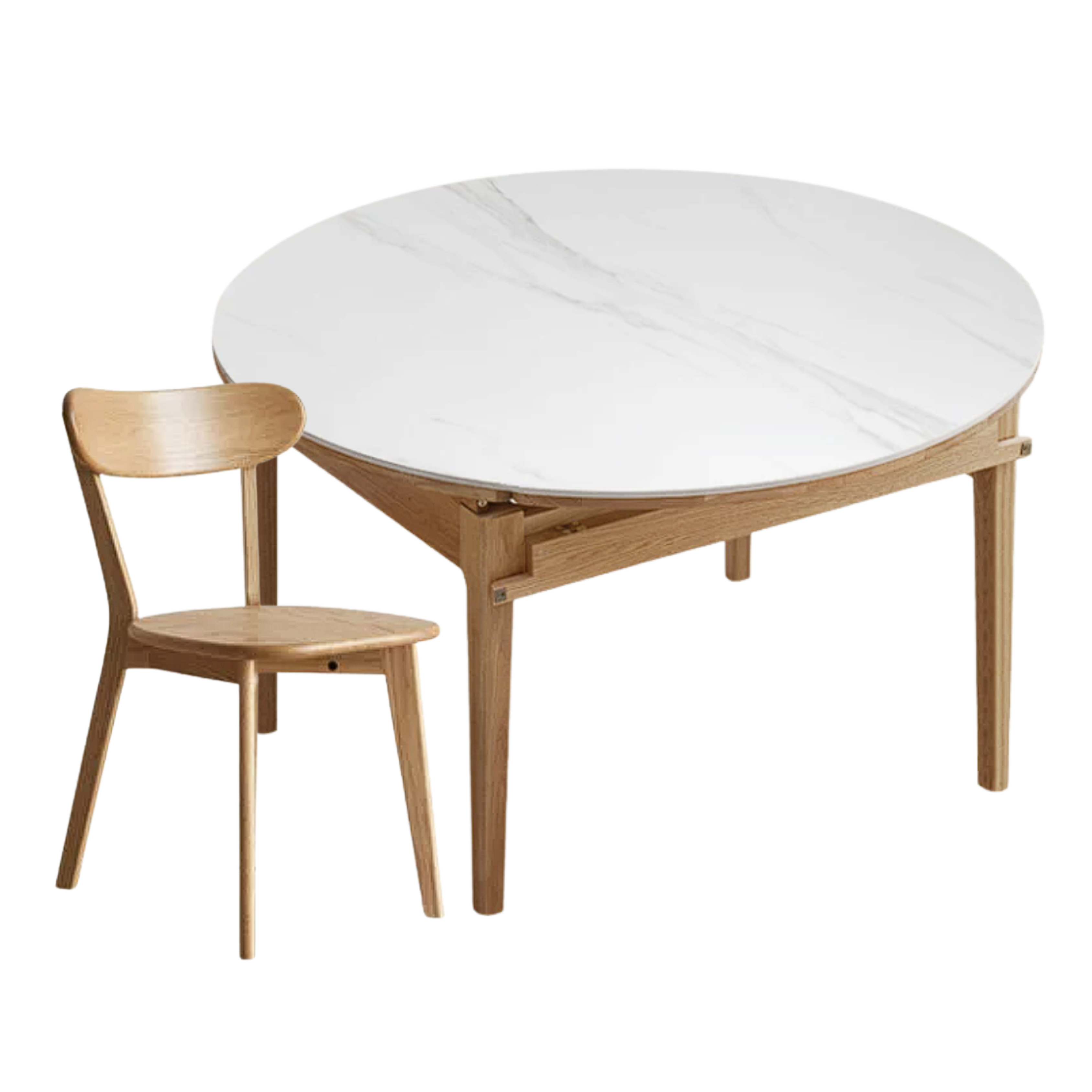 Oak, Solid Rubberwood Round Folding Dining Table With Rock Slab Surface