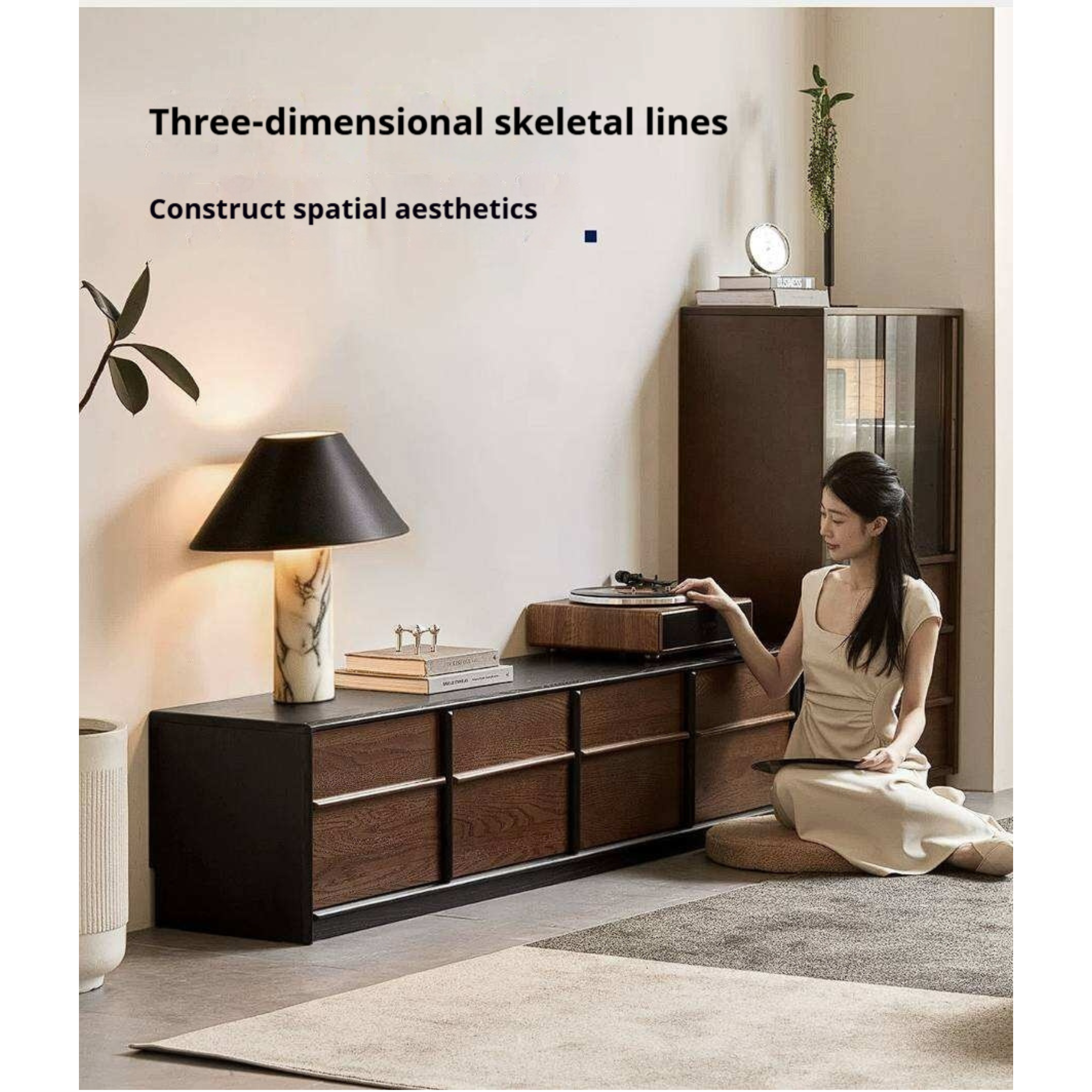 Oak Solid Wood Floor Standing TV Cabinet with Italian-Inspired Skeleton Line