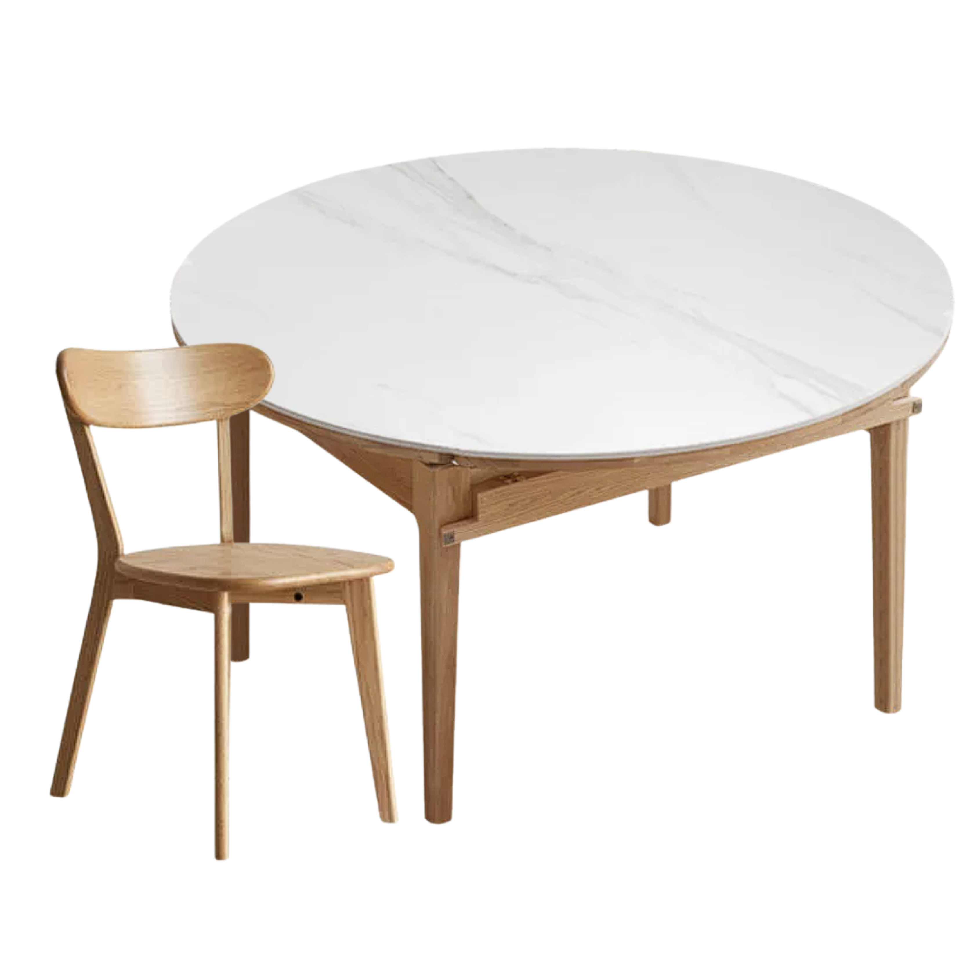Oak, Solid Rubberwood Round Folding Dining Table With Rock Slab Surface