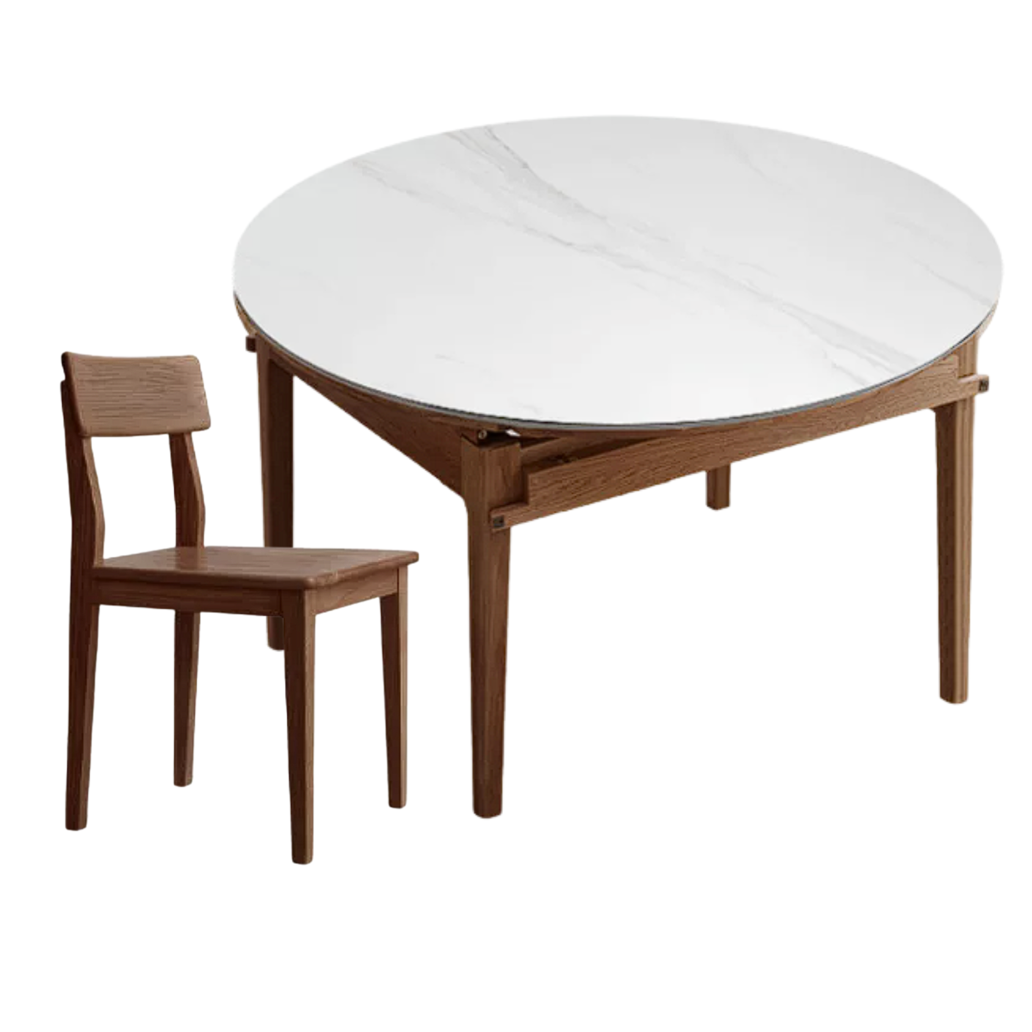 Oak, Solid Rubberwood Round Folding Dining Table With Rock Slab Surface