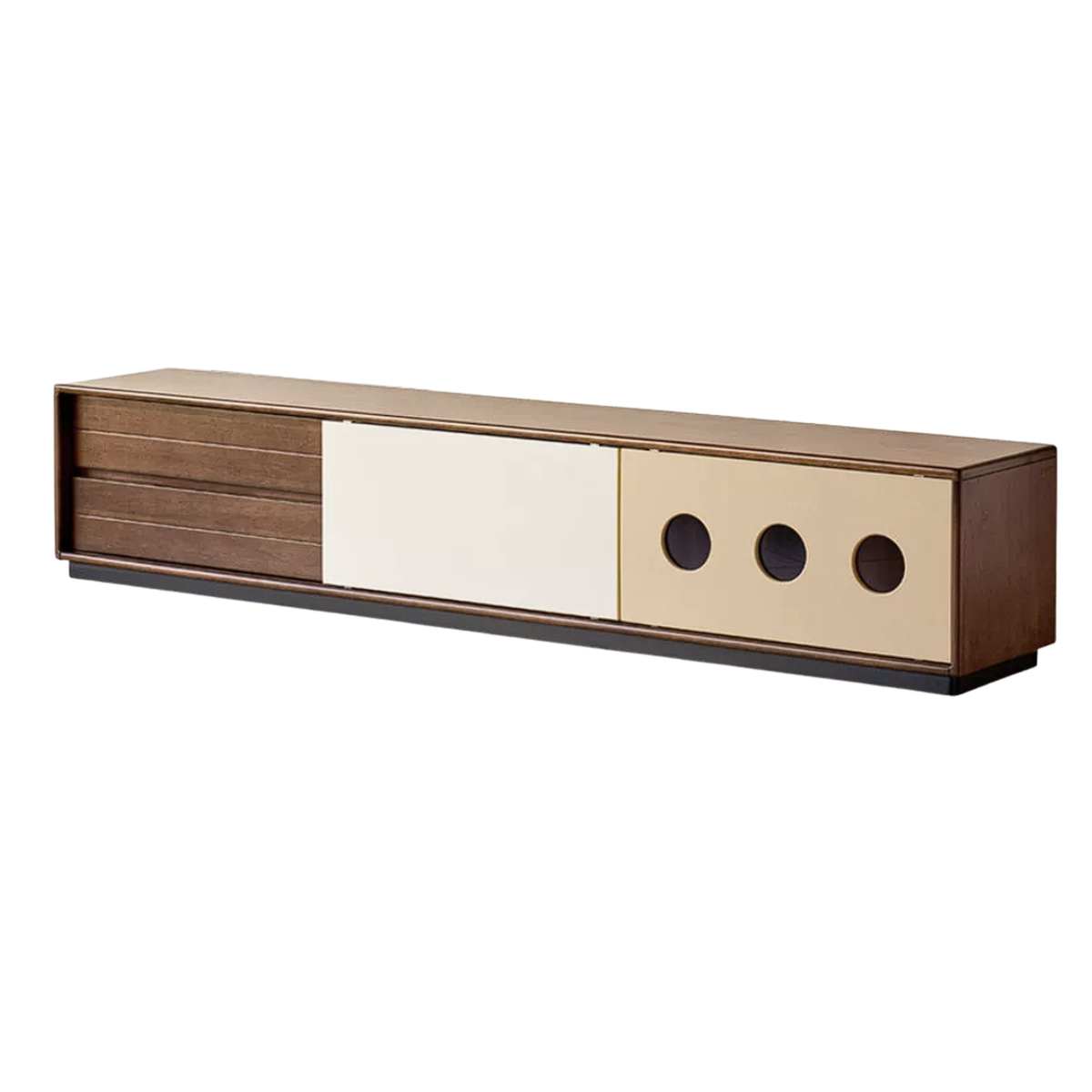 Golden Pearwood Solid Wood Mid-Century TV Stand and Corner Cabinet Set with Color-Block Circle Pulls