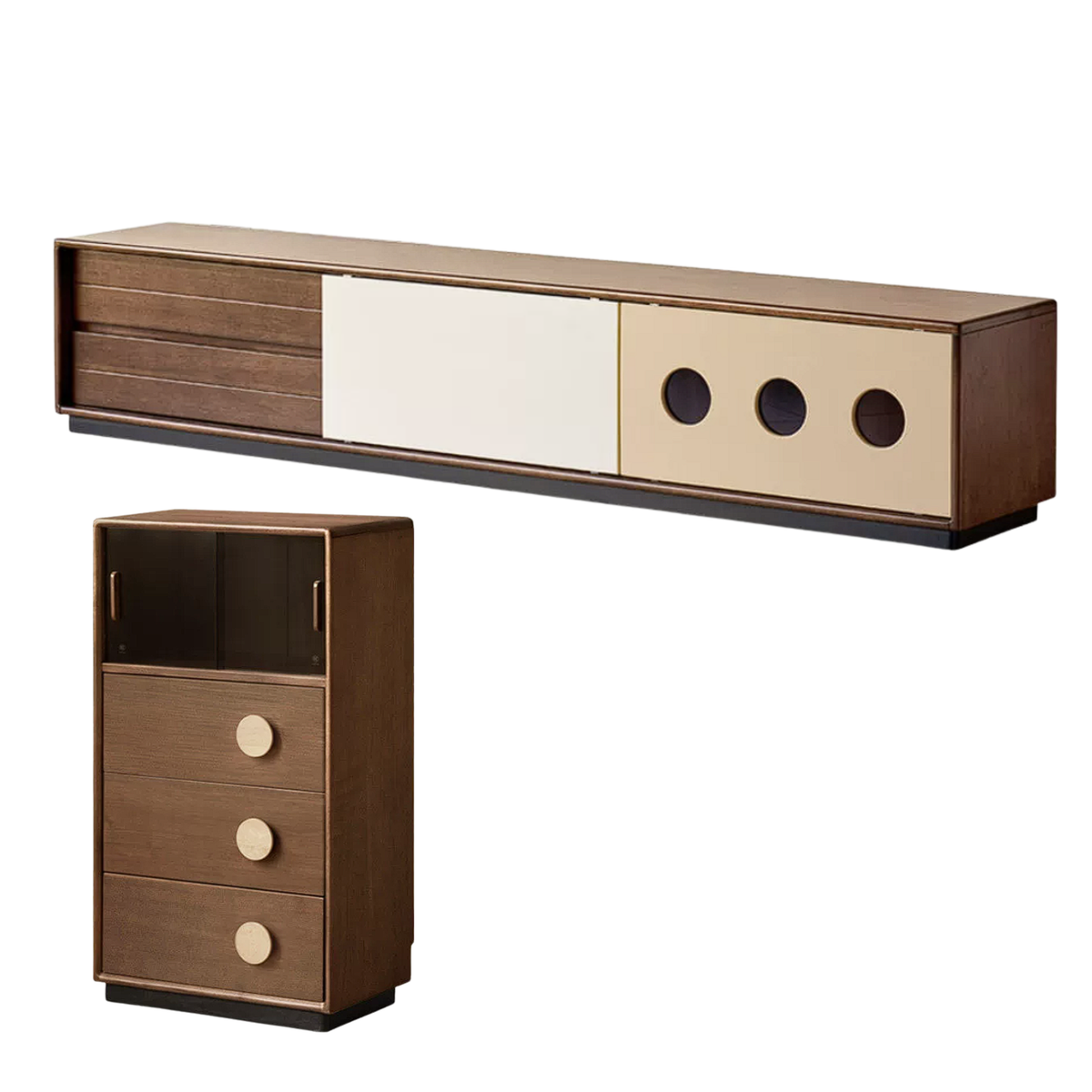 Golden Pearwood Solid Wood Mid-Century TV Stand and Corner Cabinet Set with Color-Block Circle Pulls