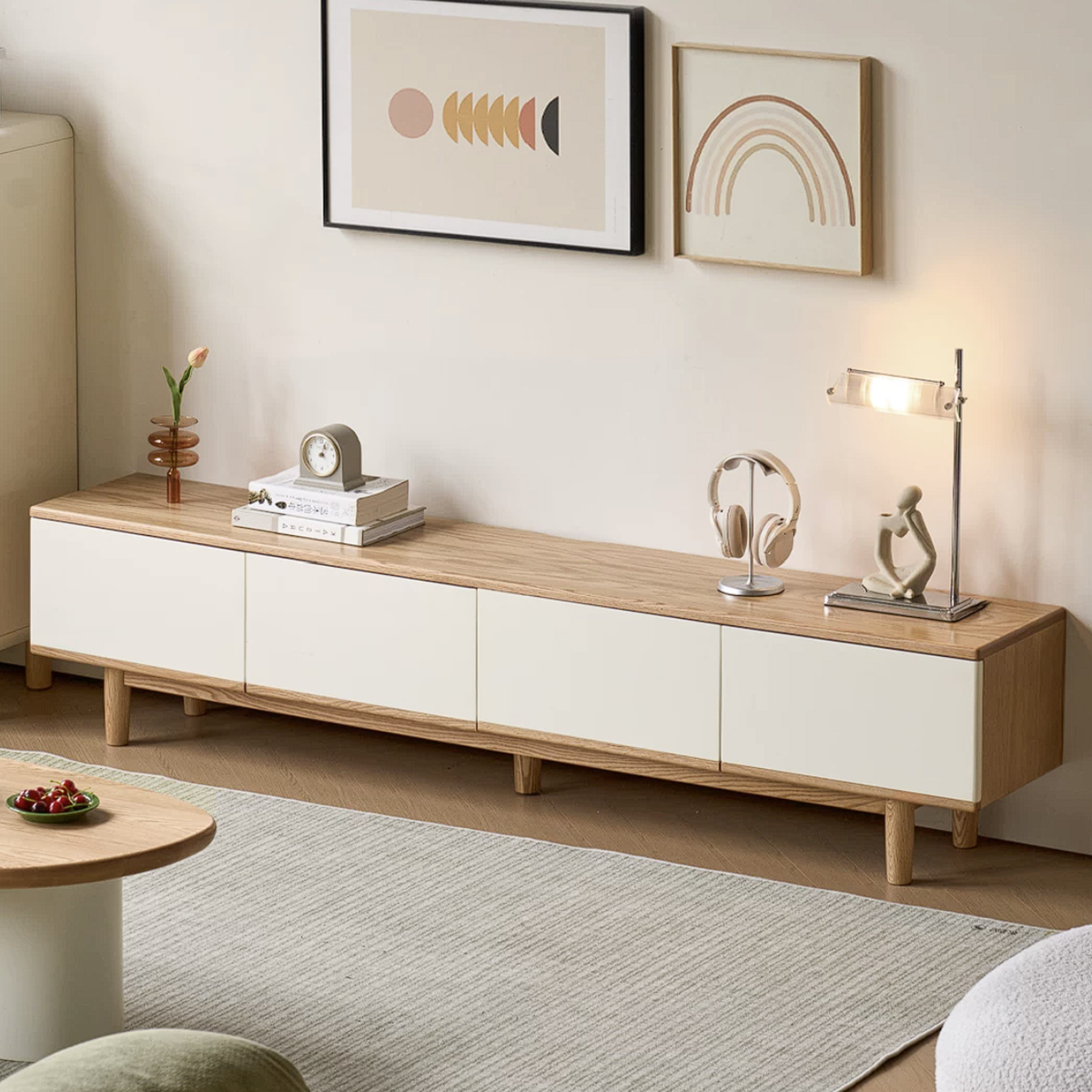 Oak Solid Wood Minimalist Scandinavian TV Console with Flat-Panel Doors and Tapered Legs
