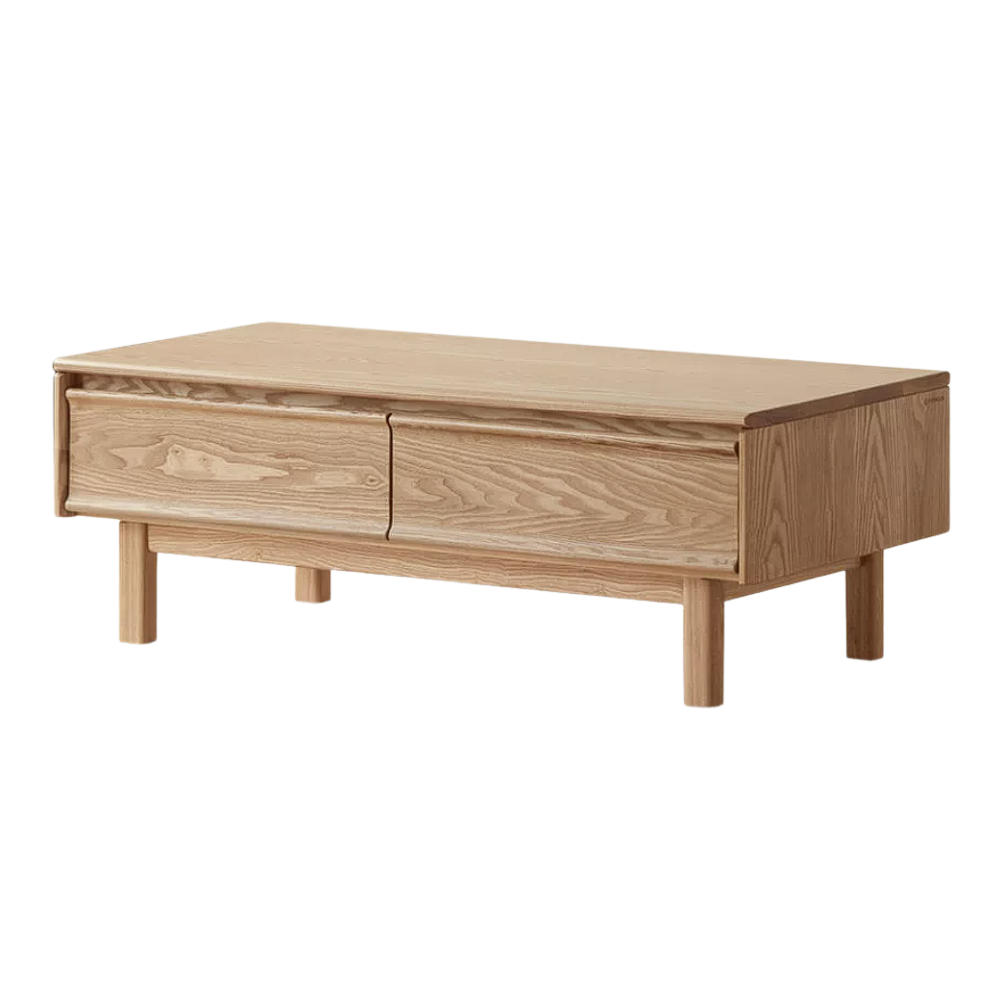 Ash Solid Wood Coffee Table with Beveled Edge, Two Drawers, Tapered Legs