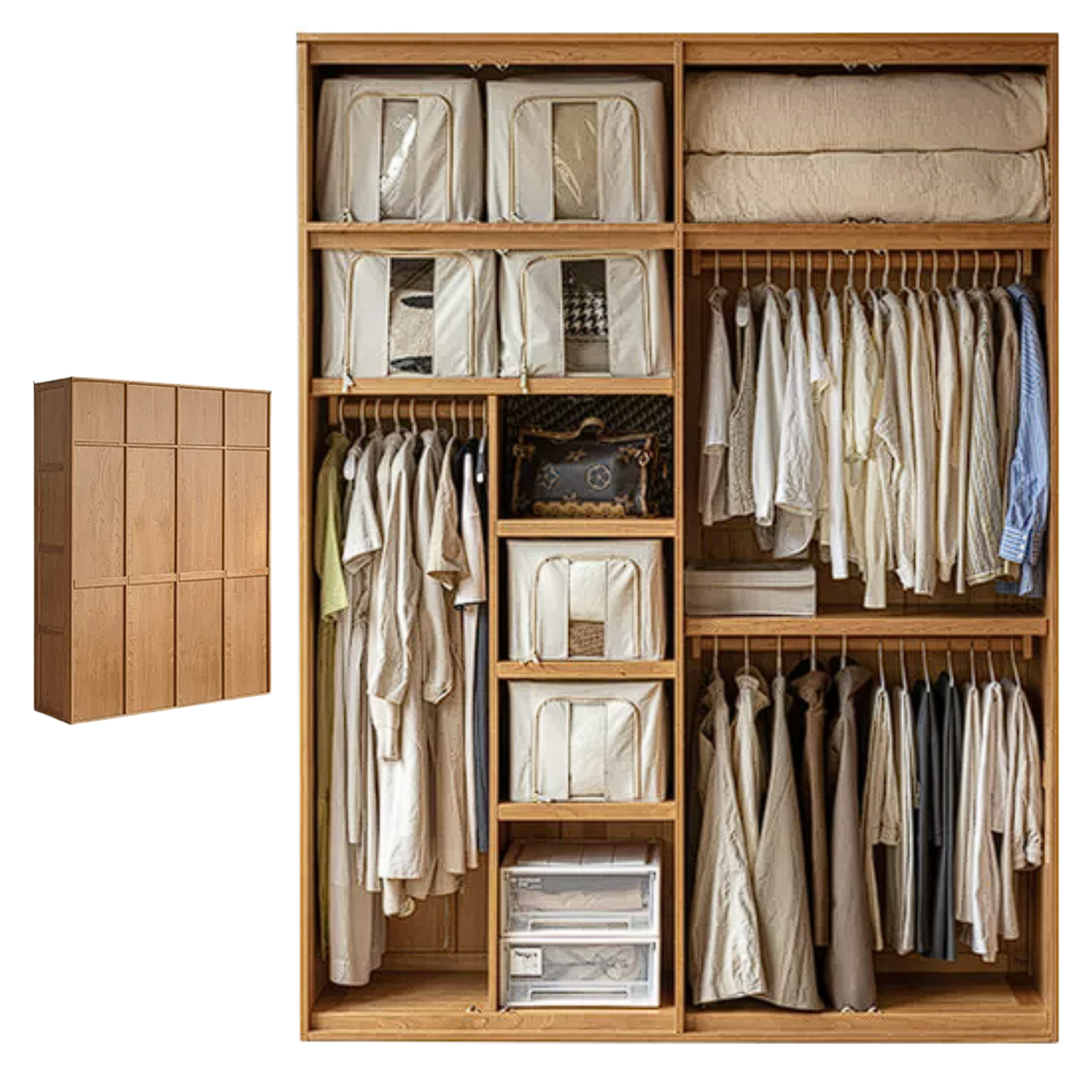 Black Walnut, Oak, Cherry Wood Solid Wood Retro Style Skeleton Line Large Wardrobe.