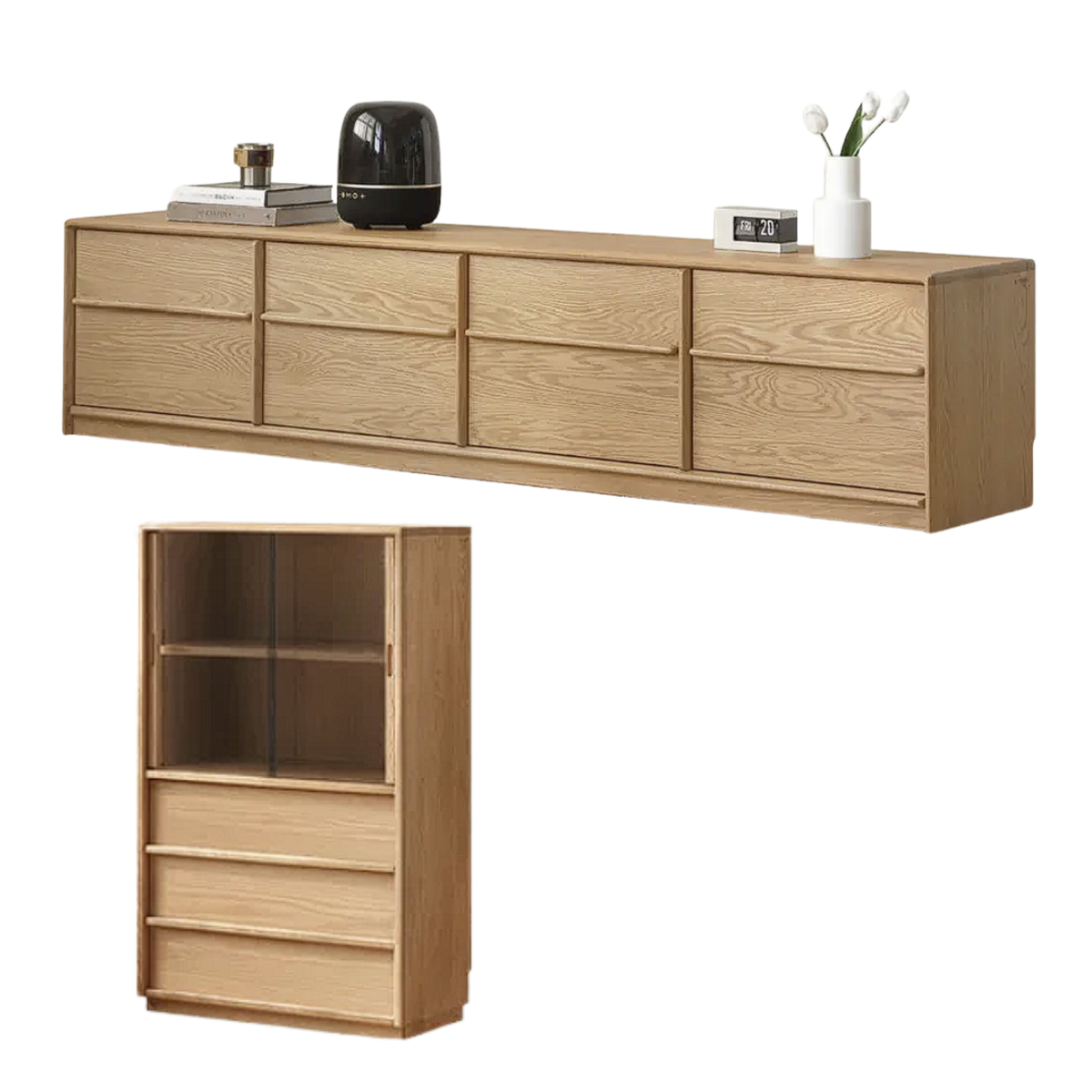 White Oak Solid Wood Scandinavian Low TV Console with Slatted Sliding Doors and Cable Management