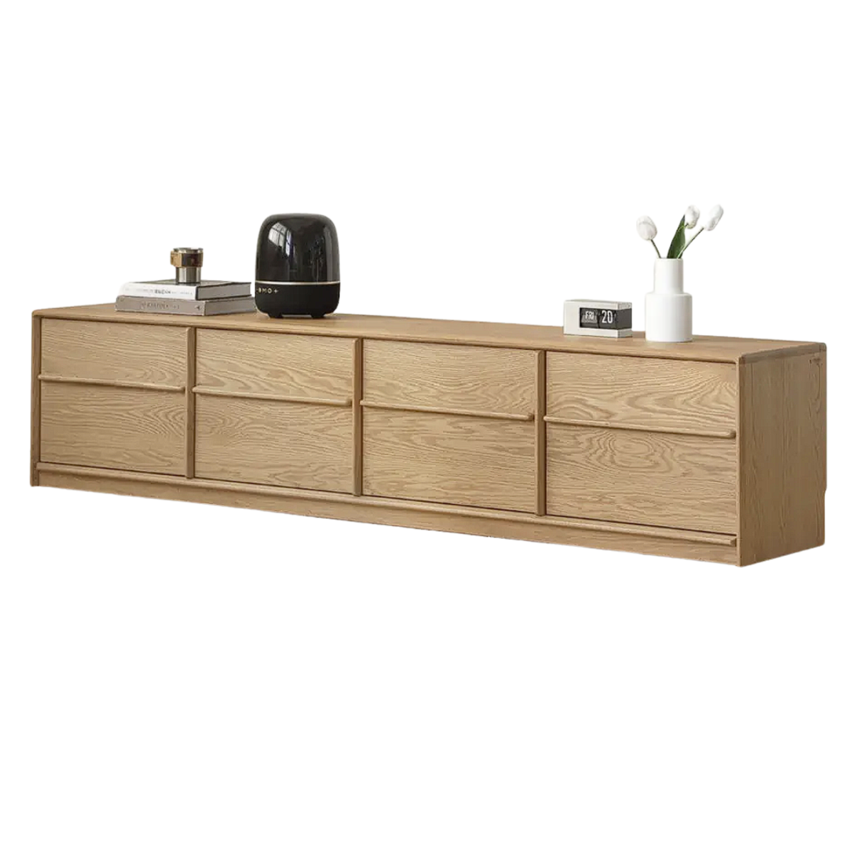 White Oak Solid Wood Scandinavian Low TV Console with Slatted Sliding Doors and Cable Management