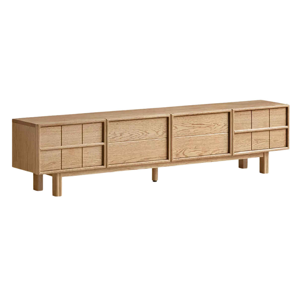 Oak Solid Wood Japandi TV Console with Grid-Panel Doors