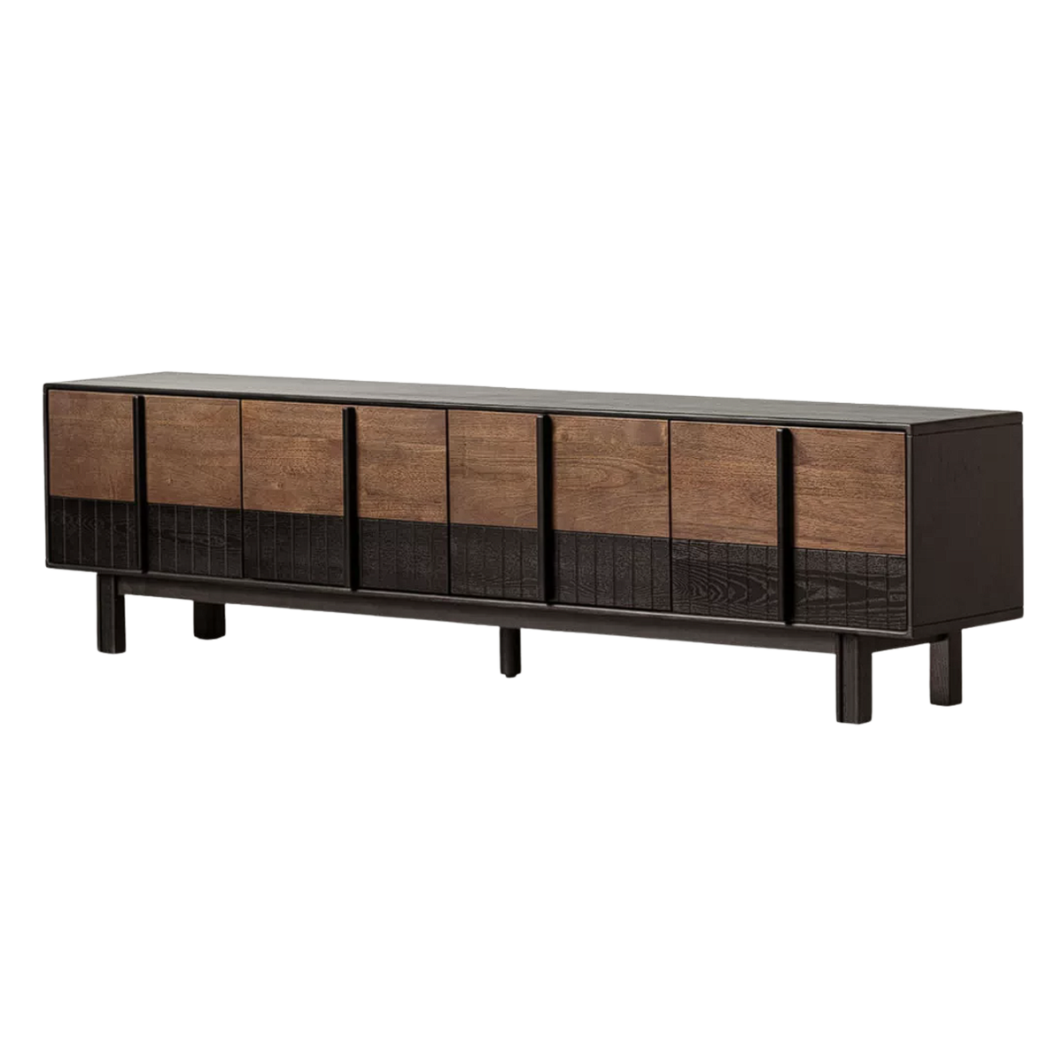 Ash Solid Wood TV Console with Black Frame and Ribbed Wood Sliding Doors