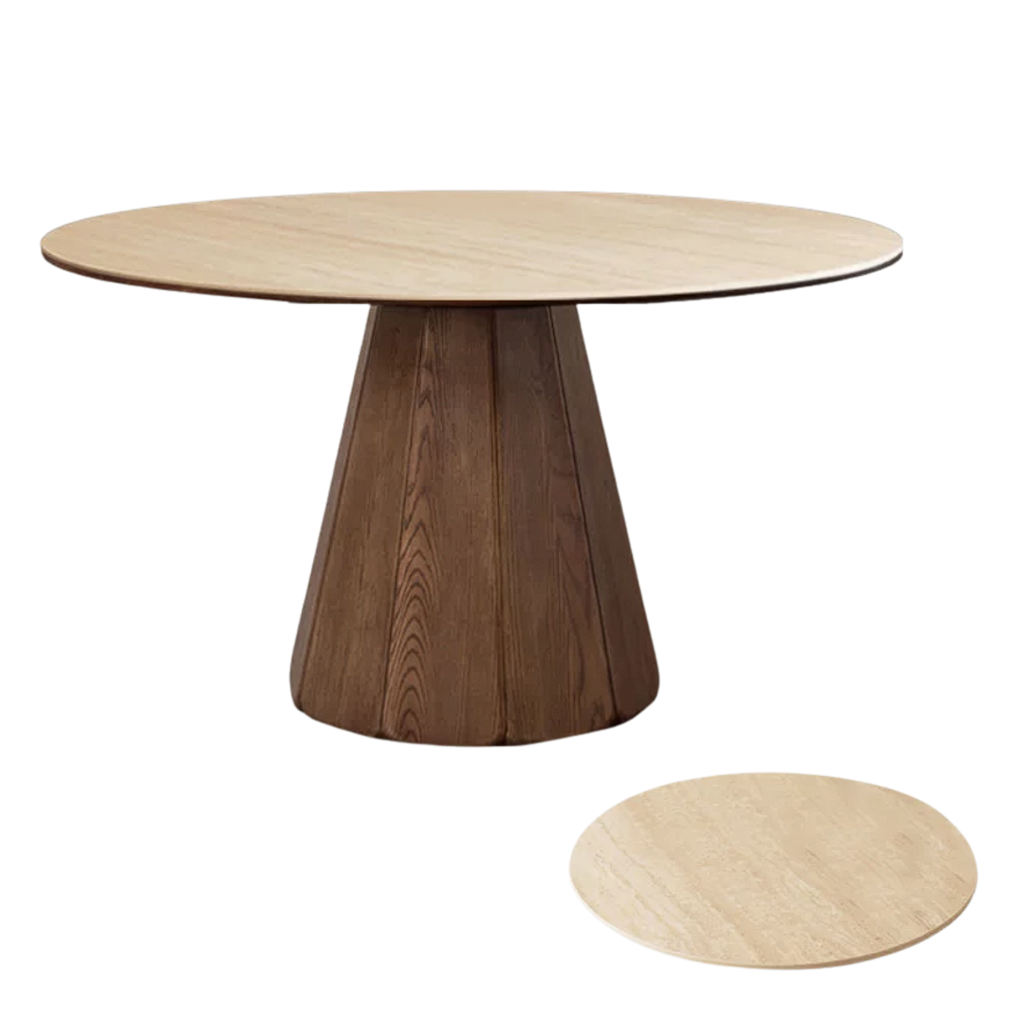 Black Walnut, Ash, Golden Pearwood Solid Wood Round Dining Table with Fluted Cone Pedestal Base