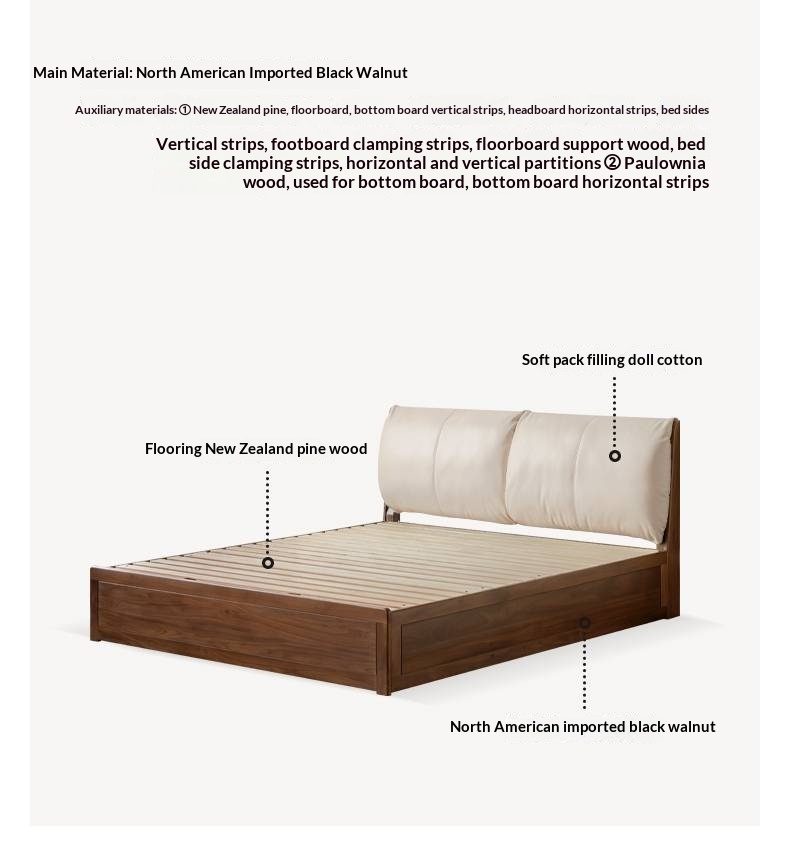 Black Walnut Solid Wood Box Bed — Luxury Genuine Leather Bed with Soft Backrest