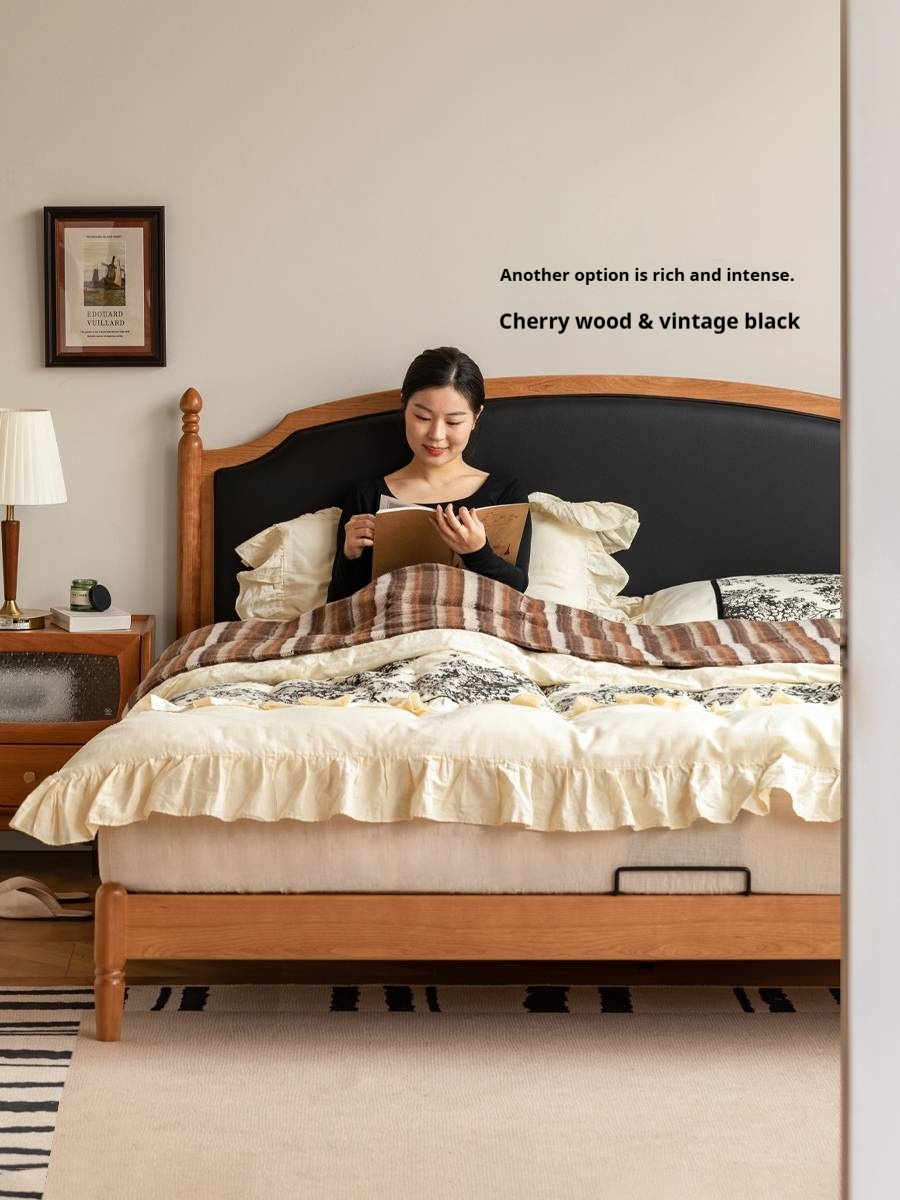 Cherry Solid Wood Soft Backrest Bed, French Retro Style