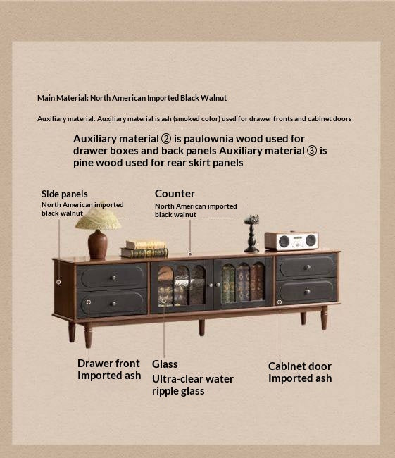 Black Walnut +ash Solid Wood French Country TV Console with Arched Glass Doors