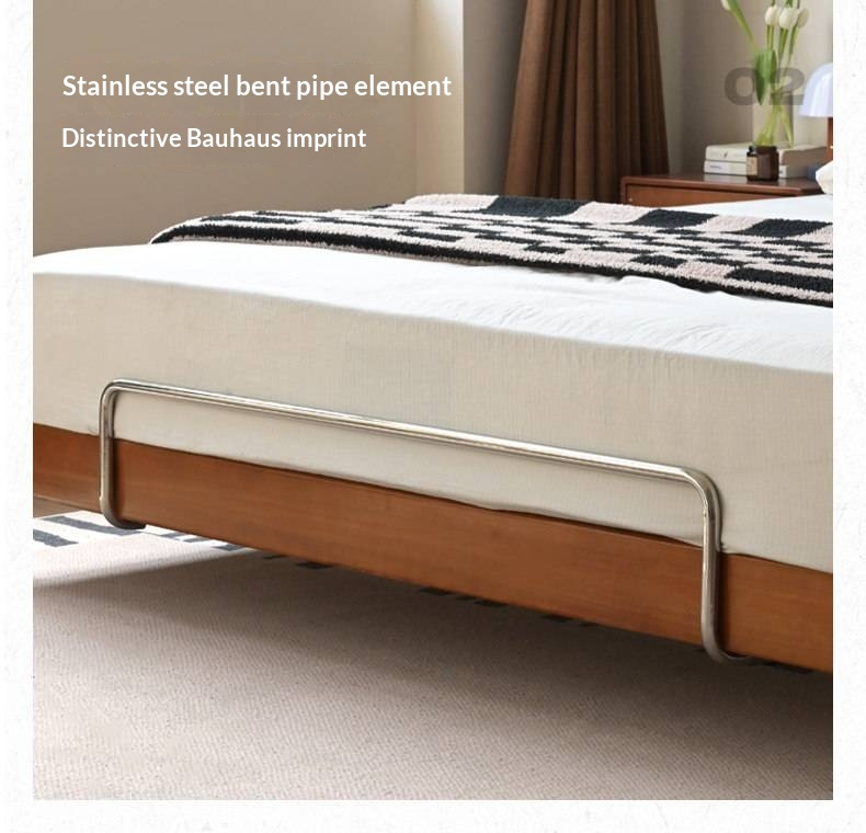 Tulipwood Solid Wood Bed — Bauhaus Style with Soft Genuine Leather Headboard