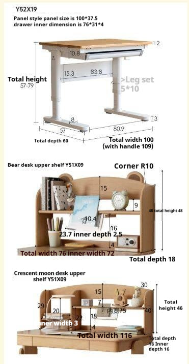 Beech Solid Wood, Solid Rubberwood Cream Style Kids Learning Desk