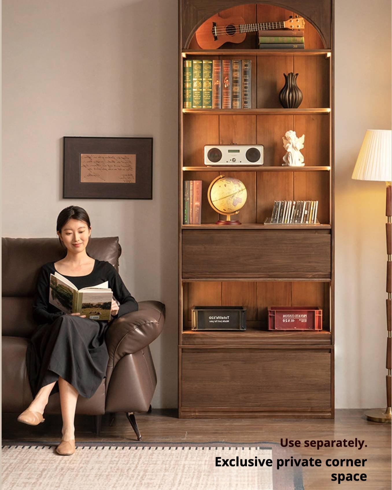 Black Walnut, Solid Sandalwood Arched Vintage Bookcase with Glass Door and Storage Drawer