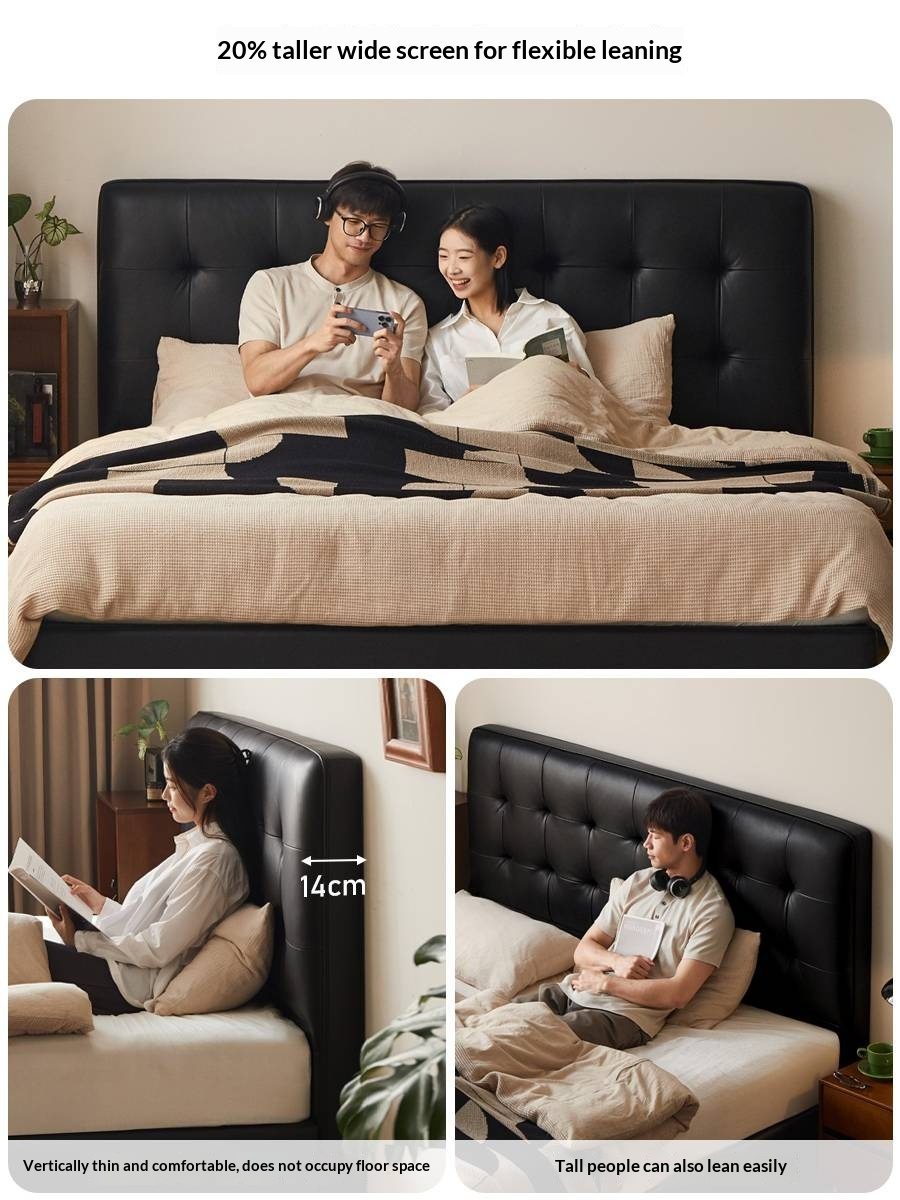 Genuine Leather Retro Box Bed — Black Upholstered, Simple Design