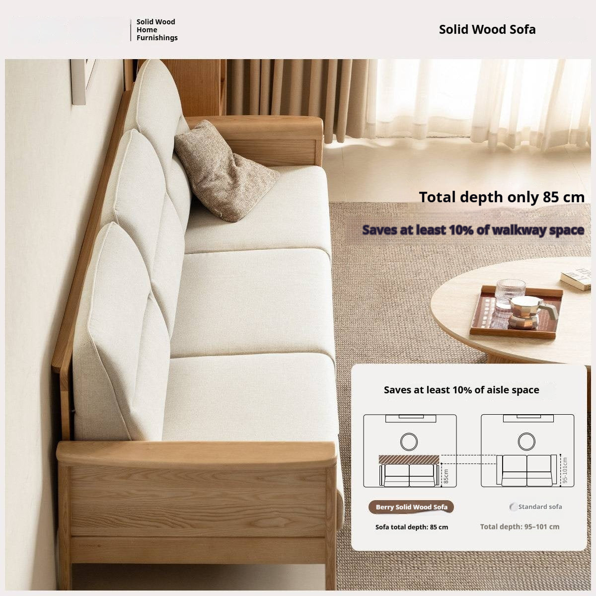 Ash Solid Wood Exposed Wood Frame Sofa with Slat Back Panel