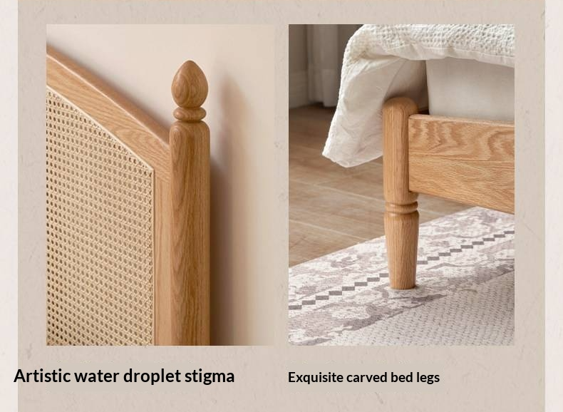 Oak Solid Wood Bed — Light Retro Style with Rattan Design