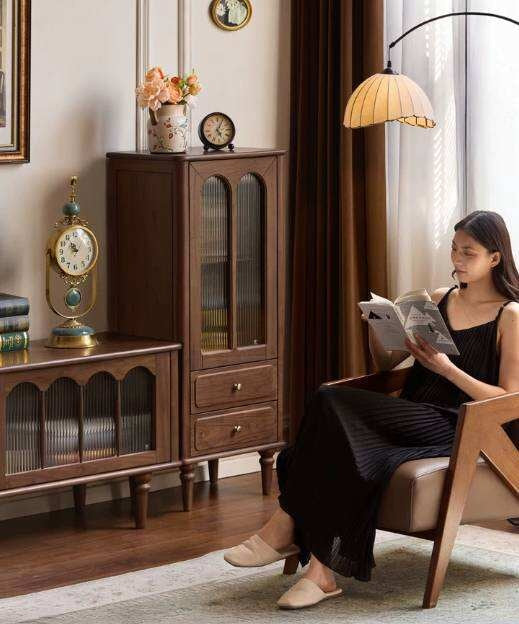 Black Walnut Solid Wood Side Cabinet with Glass Display