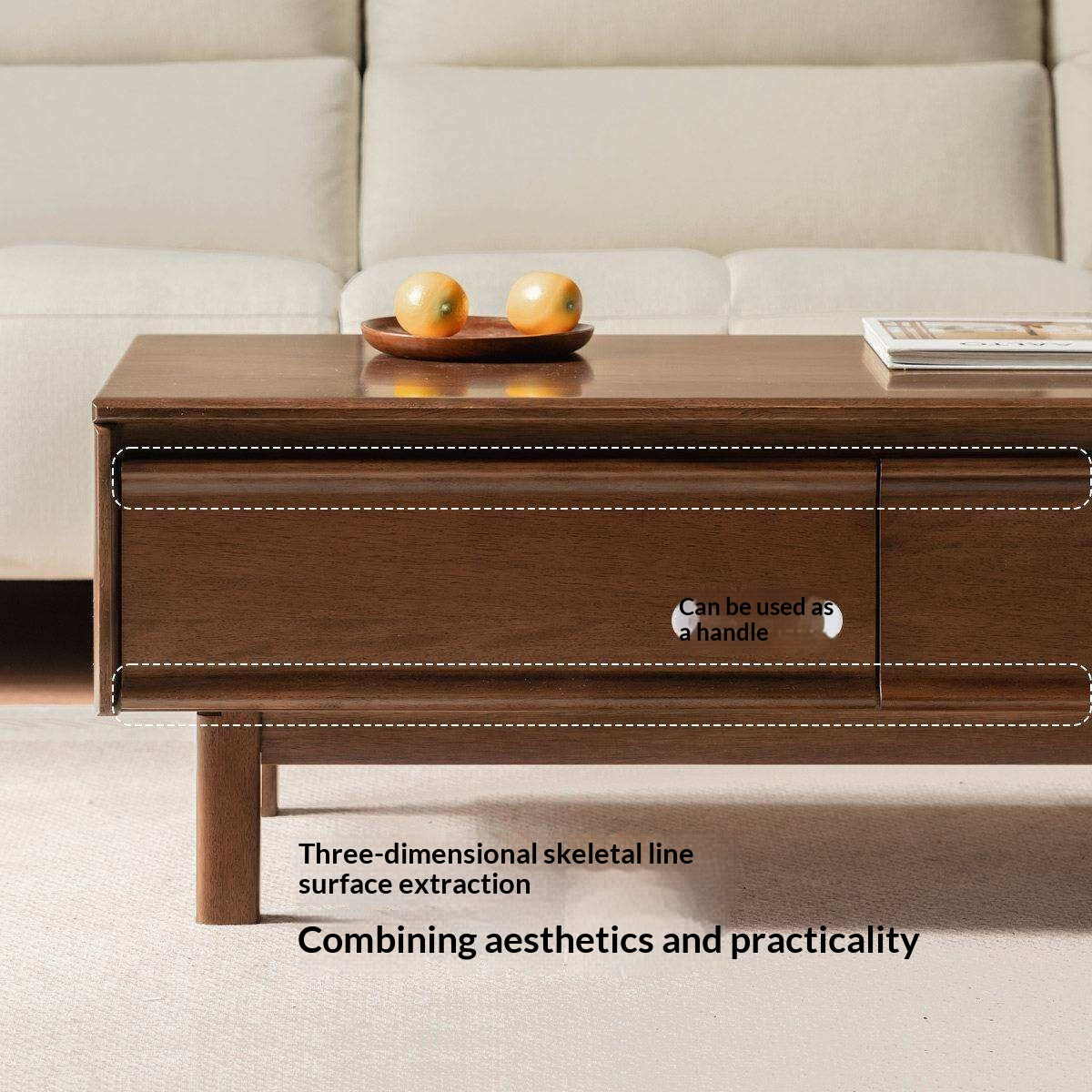 Solid Longan Hardwood Rectangular Coffee Table with Storage