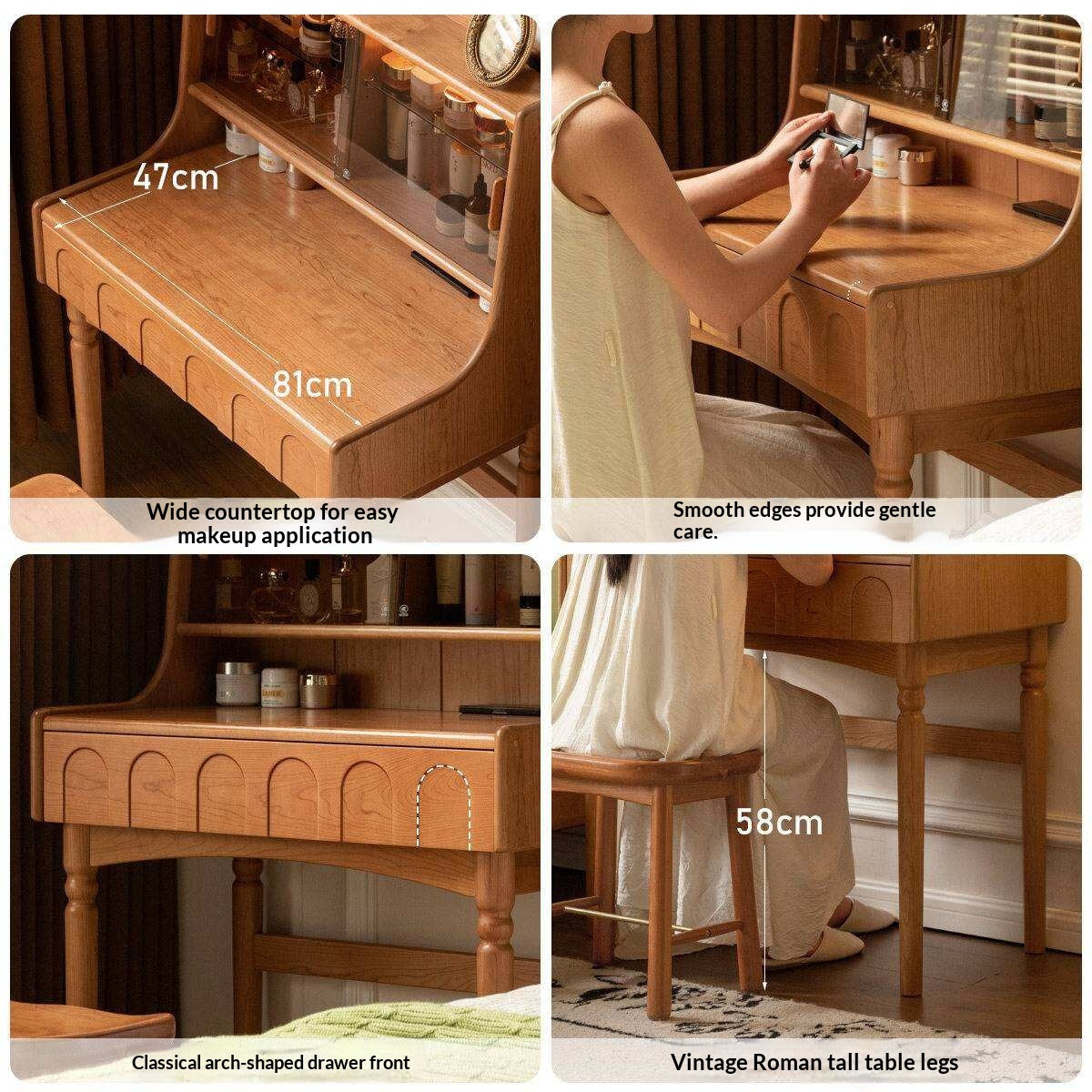 Cherry Solid Wood French Retro Vanity Table with Light