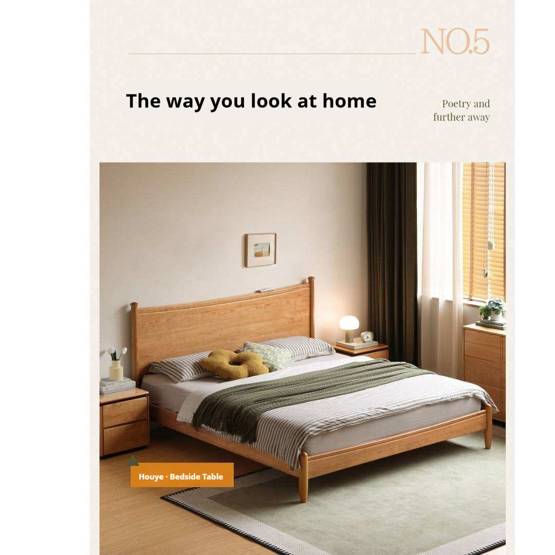 Cherry Solid Wood Nordic Platform Bed with Curved Panel Headboard