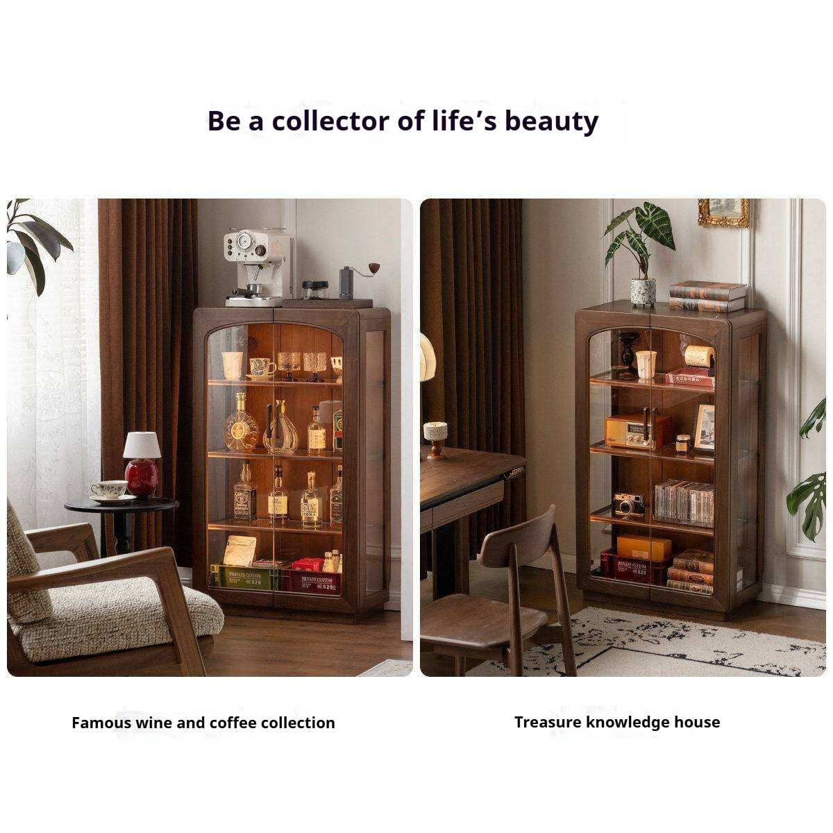 Black Walnut Solid Wood Side Cabinet with LED Lighting and Glass Panels