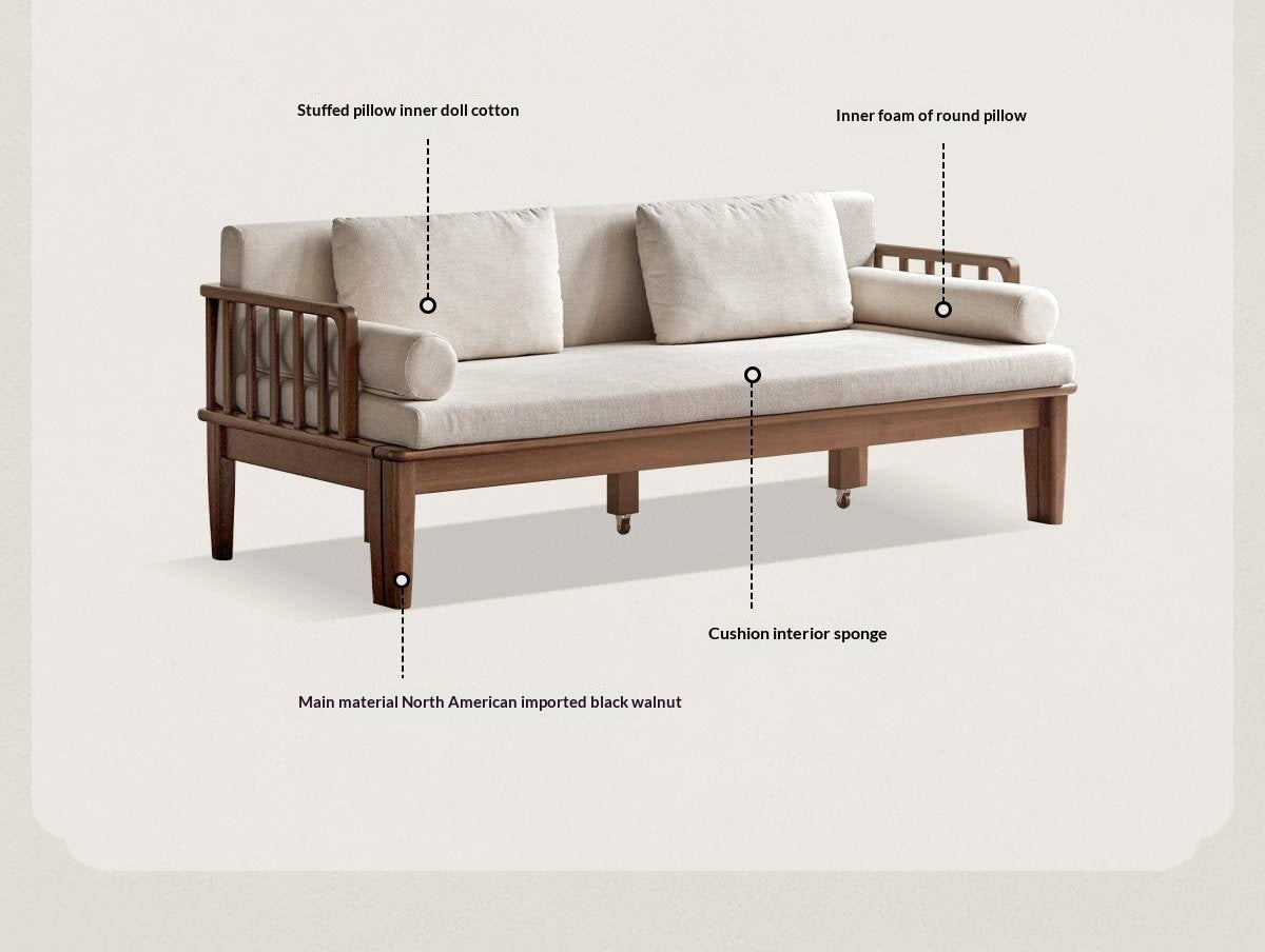 Black Walnut, Ash Solid Wood Daybed Sleeper Sofa with Slatted Wood Back and Arms