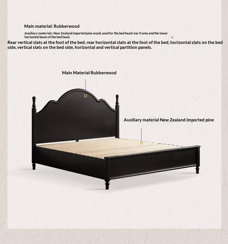 Rubberwood Solid Wood Bed American Retro Black Style