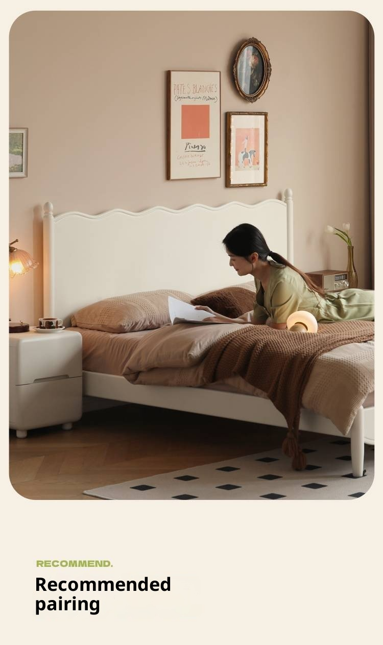 Rubberwood Solid Wood Bed, French Cream Style