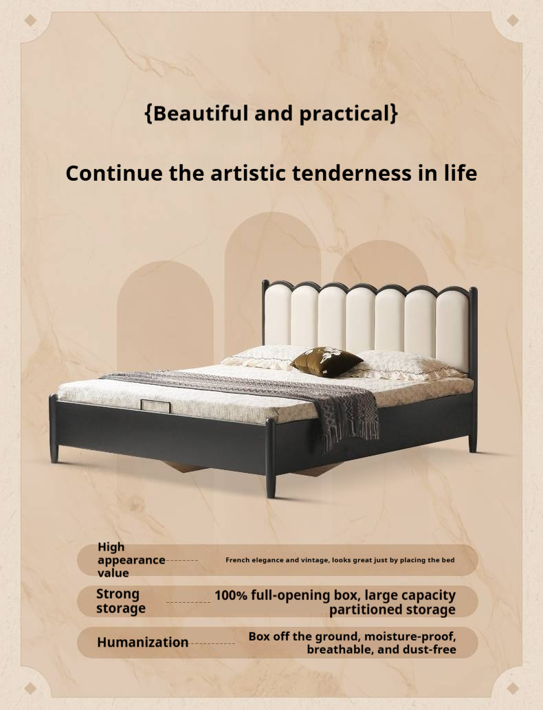 Rubberwood Solid Wood Upholstered Storage Box Bed, French Retro Style