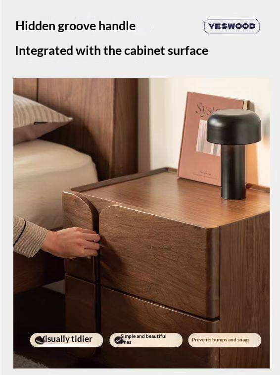 Black Walnut Solid Wood Nightstand with Light Luxury Storage Cabinet