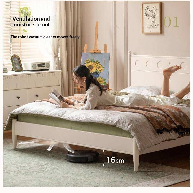 Rubberwood Solid Wood Platform Bed with Carved Dot Headboard and Spindle Legs