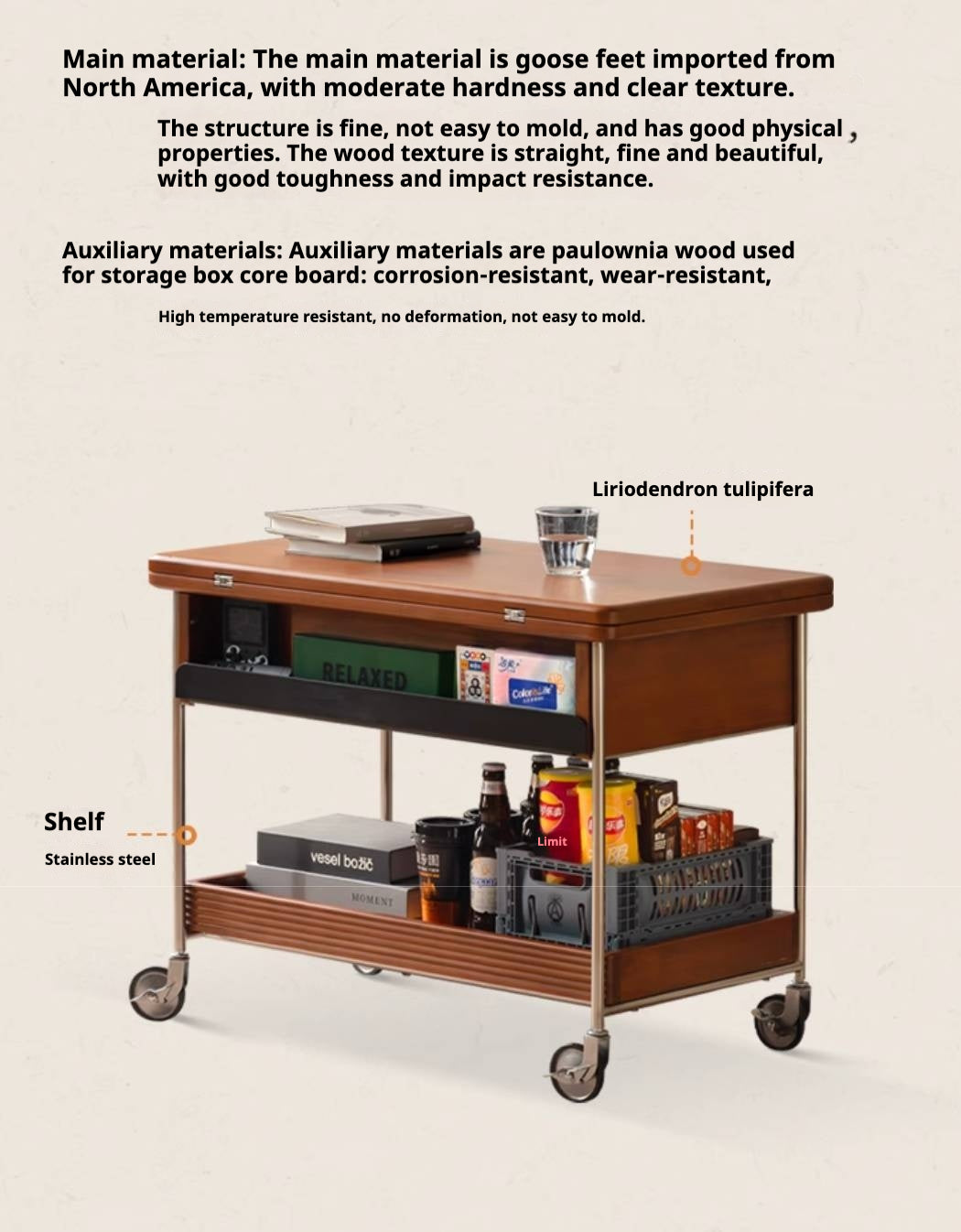 Poplar Solid Wood Middle Ancient Style Mobile Coffee Table