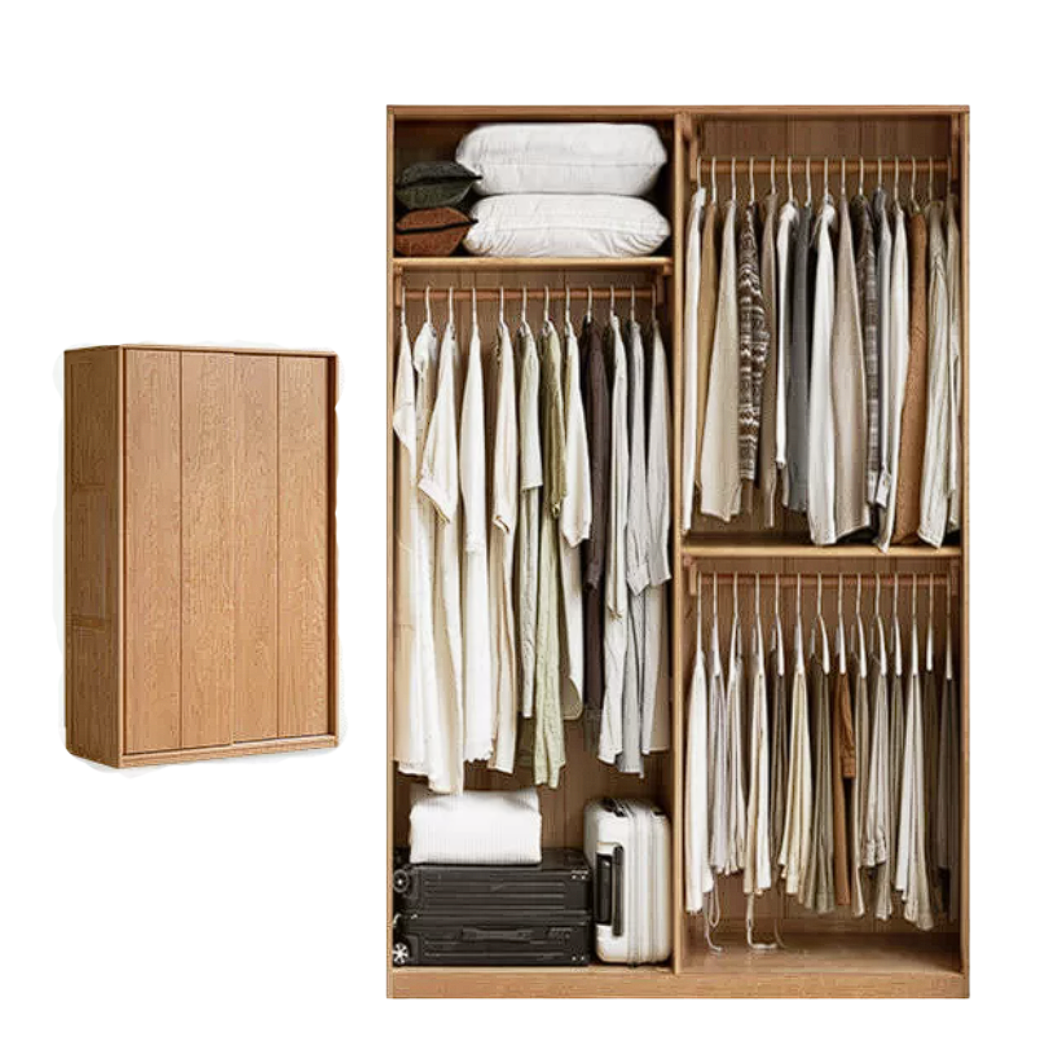 Cherry Wood Sliding Door Wardrobe Armoire with Hanging Rod and Shelves