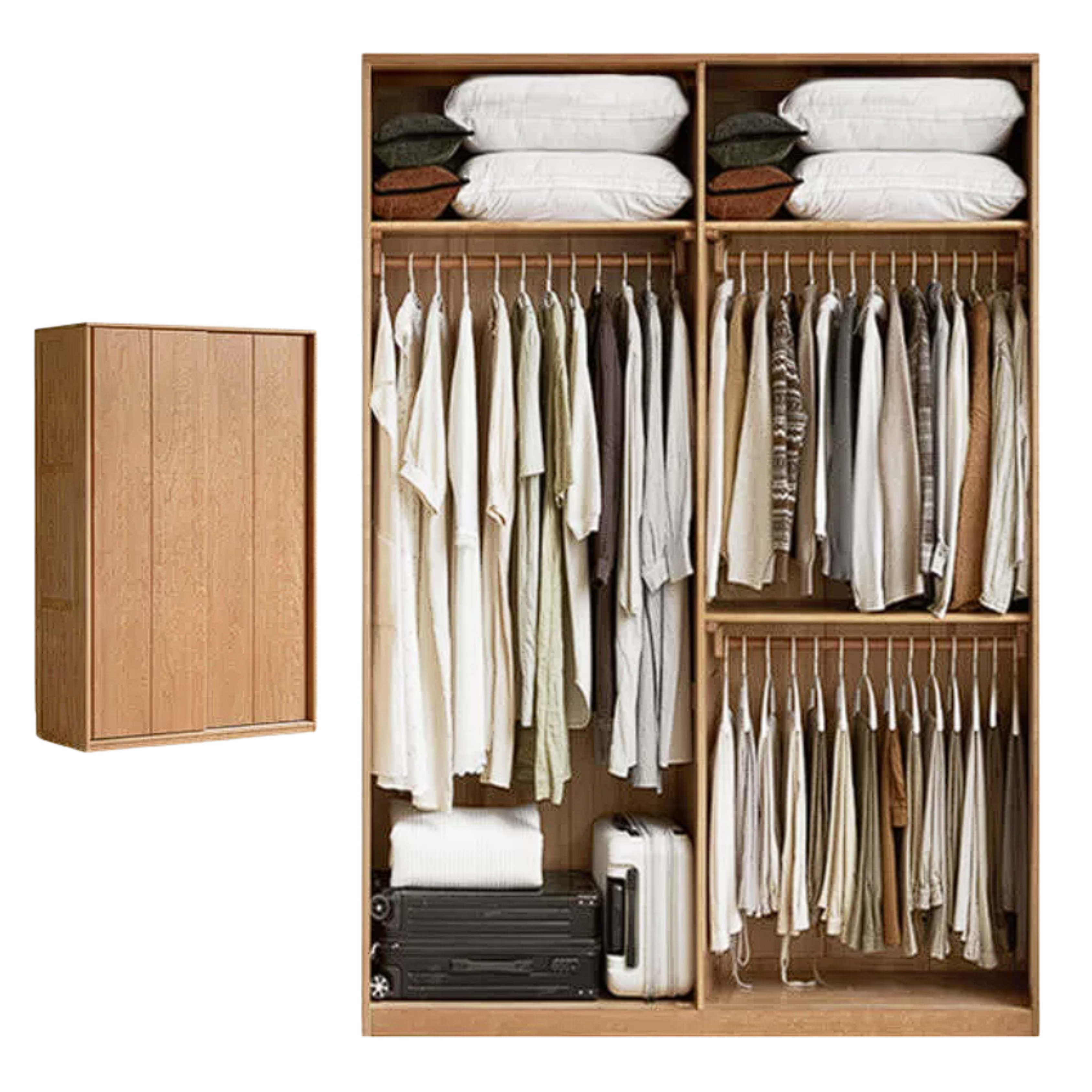 Cherry Wood Sliding Door Wardrobe Armoire with Hanging Rod and Shelves