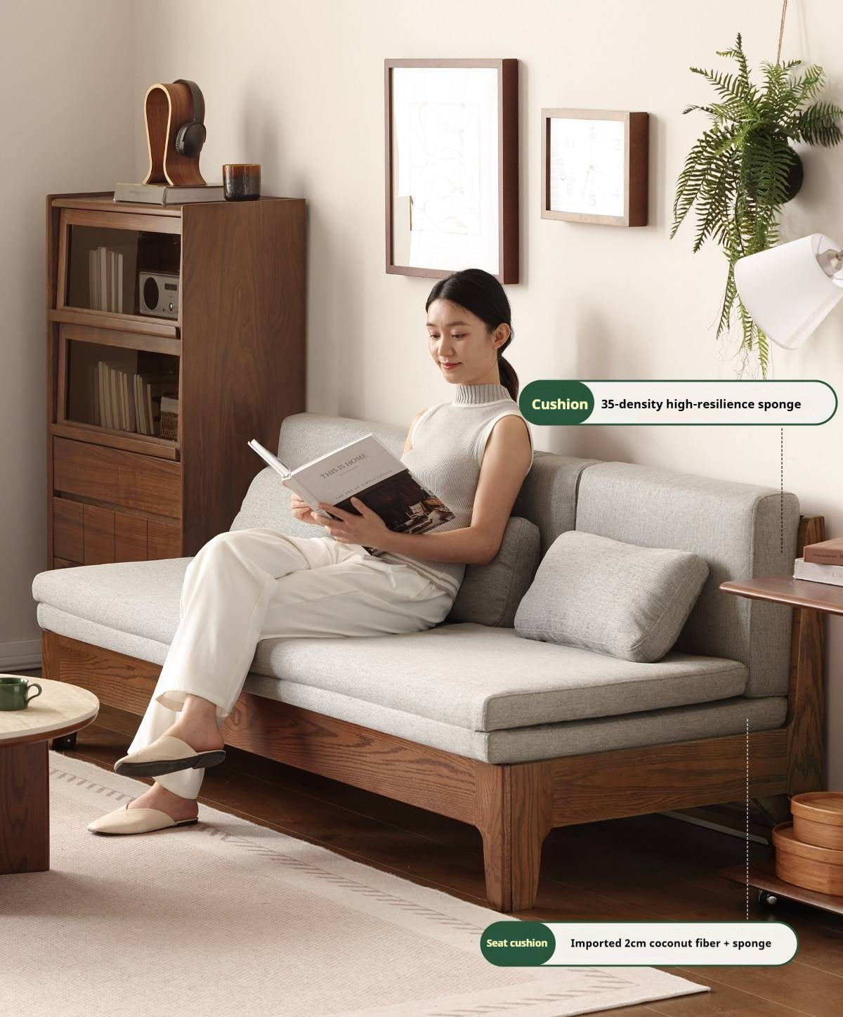 Oak Solid Wood Pull-Out Sofa Bed with Extended Sleeping Platform
